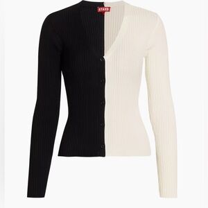 STAUD Black and Cream Ribbed Cardigan